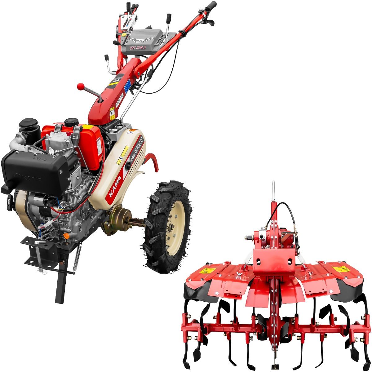 kama-kdt910le_freza_tractata Motocultor Kama KDT 910LE diferential pornire electrica motor 9 CP Diesel 6+2 viteze roti cauciuc 4.00x10" + Freza tractata - imagine 1